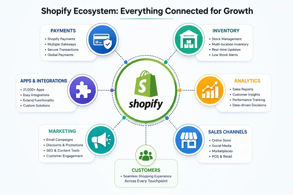 Shopify ecosystem with connected commerce tools Shopify ecosystem with connected commerce tools