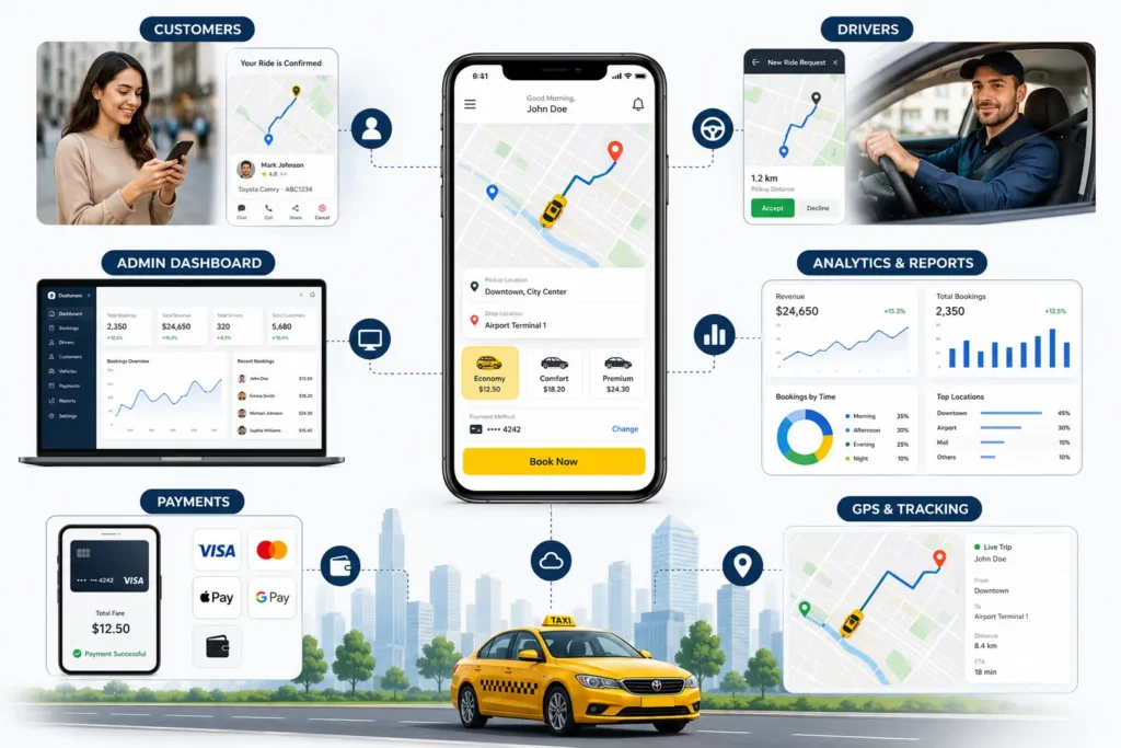 Modern taxi booking platform connecting drivers and passengers Modern taxi booking platform connecting drivers and passengers