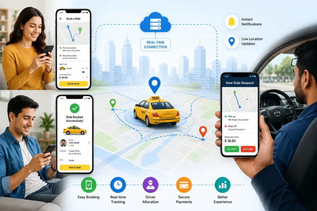 People booking taxis using a mobile taxi booking app People booking taxis using a mobile taxi booking app