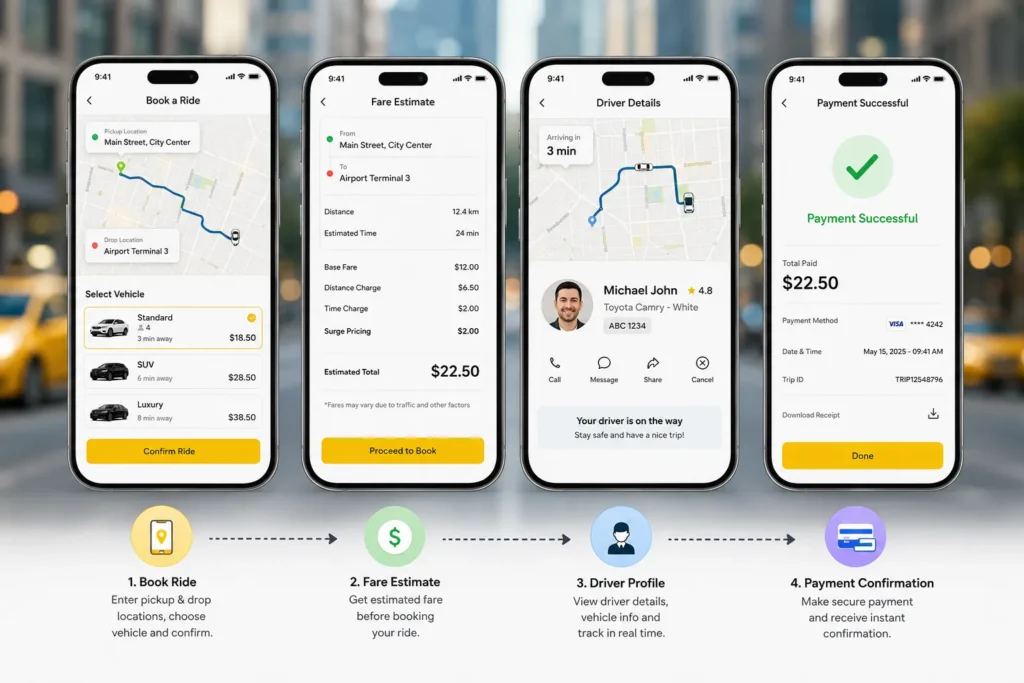 Taxi booking app interface with ride booking and live tracking Taxi booking app interface with ride booking and live tracking