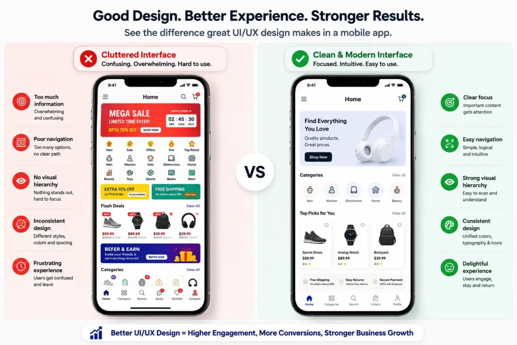 Cluttered vs modern mobile app UI comparison