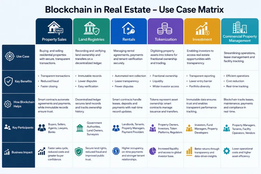 Blockchain real estate use cases infographic Blockchain real estate use cases infographic
