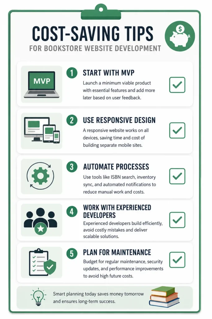 Bookstore website cost saving checklist infographic Bookstore website cost saving checklist infographic