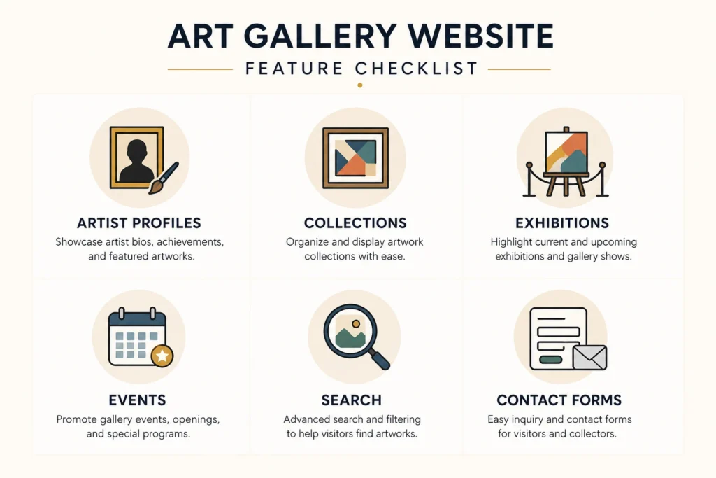 Essential art gallery website features illustration Essential art gallery website features illustration