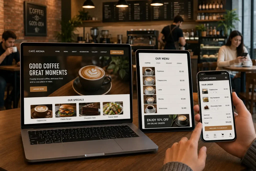Modern cafe website on desktop, tablet, and mobile devices Modern cafe website on desktop, tablet, and mobile devices
