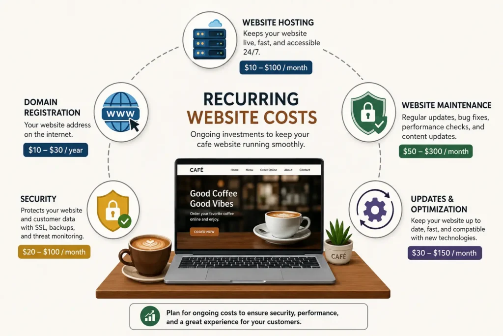 Recurring cafe website maintenance and hosting costs illustration Recurring cafe website maintenance and hosting costs illustration