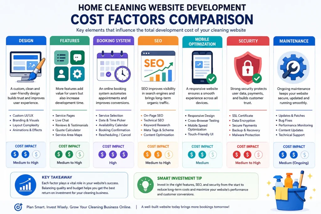 Home cleaning website cost factors infographic Home cleaning website cost factors infographic