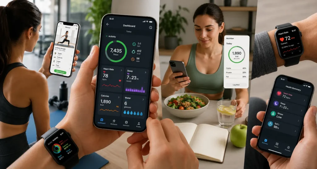 Health and fitness app dashboard with tracking features Health and fitness app dashboard with tracking features