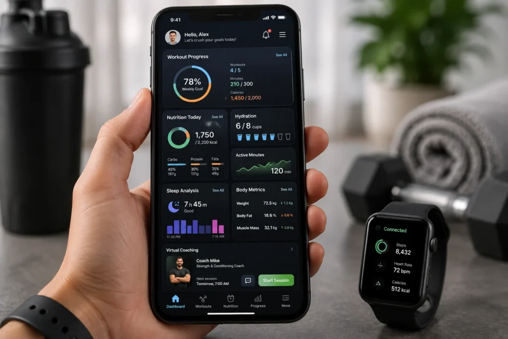 People using fitness and health apps on smartphones People using fitness and health apps on smartphones