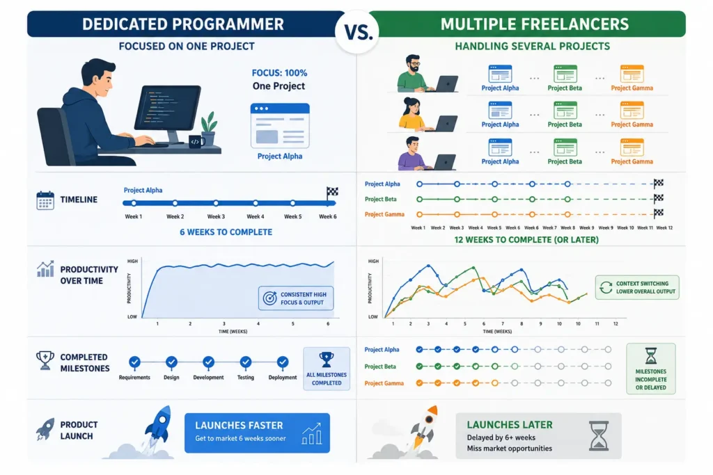 Dedicated programmers vs freelancers project delivery comparison Dedicated programmers vs freelancers project delivery comparison