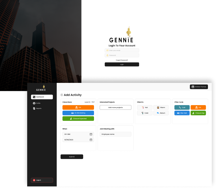GENNIE web application interface showing login screen and activity management dashboard