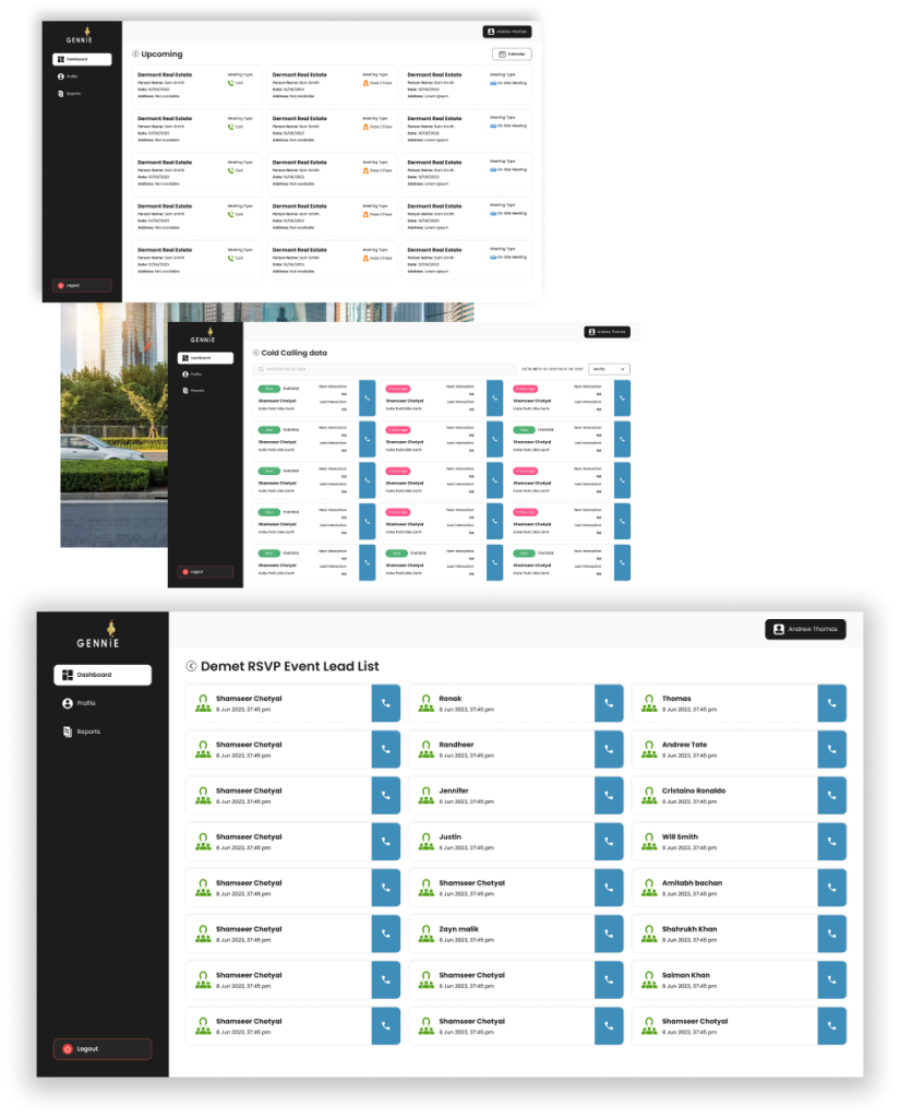 GENNIE web dashboard interface showing lead management, cold calling data, and event lead list