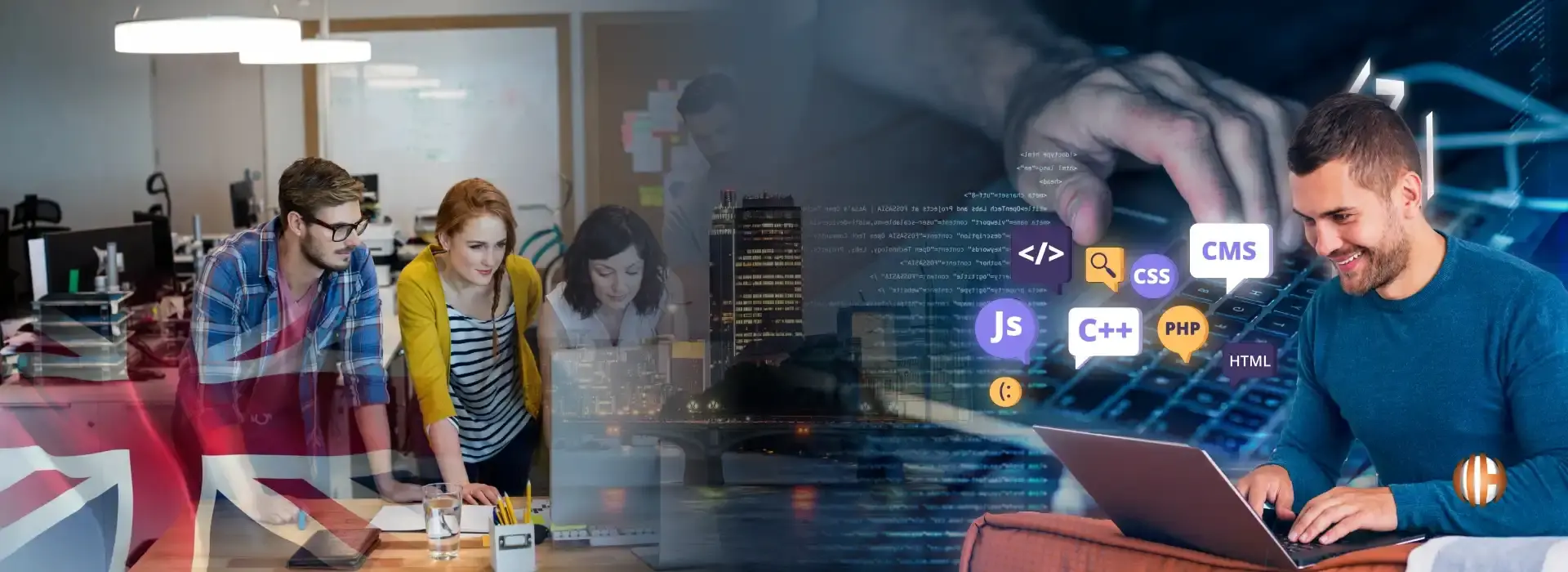 Illustration showing the real cost of hiring a website development company in London, featuring city skyline, laptops, coding symbols, AI integration, and digital growth elements.