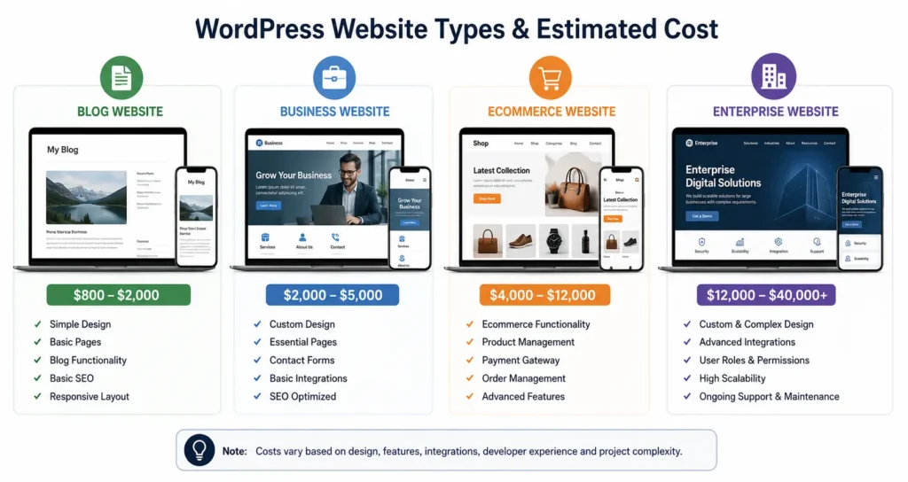 WordPress website development cost comparison by website type WordPress website development cost comparison by website type