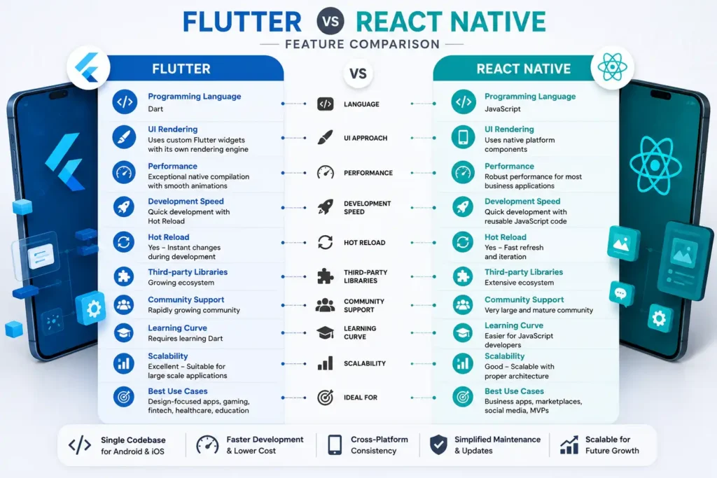 Flutter vs React Native feature comparison infographic Flutter vs React Native feature comparison infographic