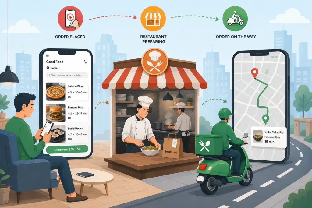 Food delivery app ecosystem with customers, restaurants, and delivery drivers Food delivery app ecosystem with customers, restaurants, and delivery drivers