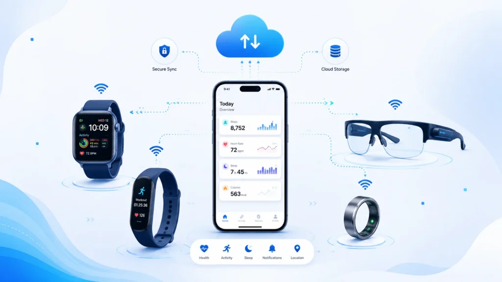 Modern wearable technology ecosystem illustration Modern wearable technology ecosystem illustration