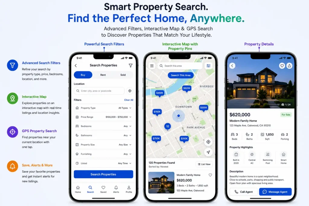Property search app with filters, map, and GPS search Property search app with filters, map, and GPS search
