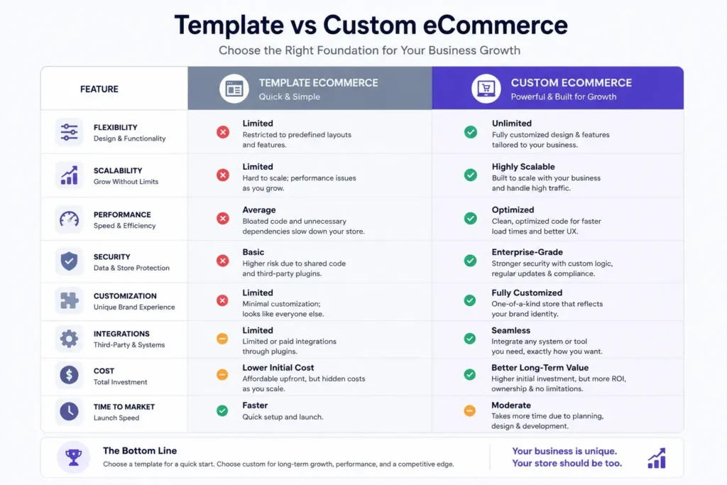 eCommerce template vs custom development comparison table eCommerce template vs custom development comparison table