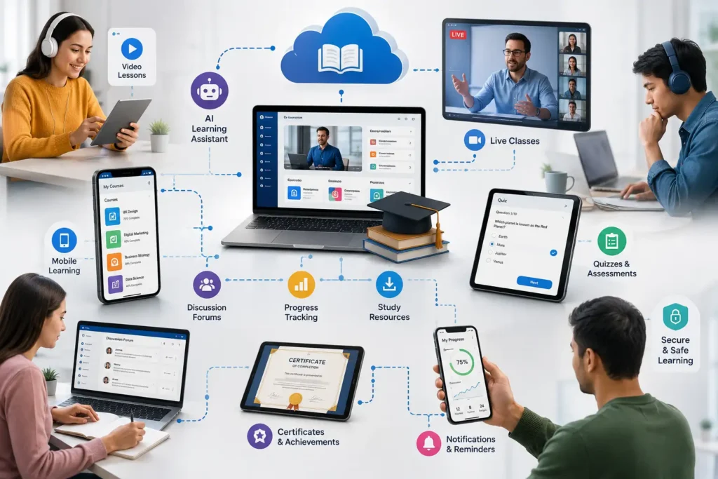 eLearning app development ecosystem illustration eLearning app development ecosystem illustration