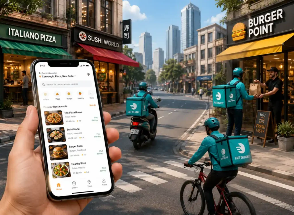 Customers using a food delivery app with delivery riders in a modern city Customers using a food delivery app with delivery riders in a modern city
