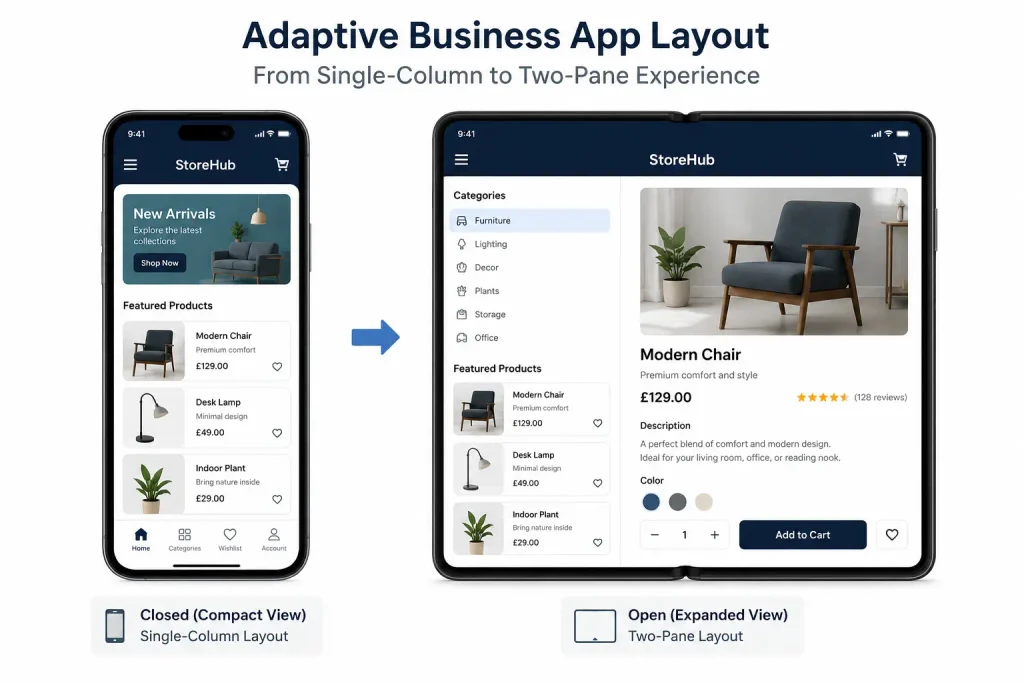 Adaptive business app layout from single-column to two-pane view. Adaptive business app layout from single-column to two-pane view.