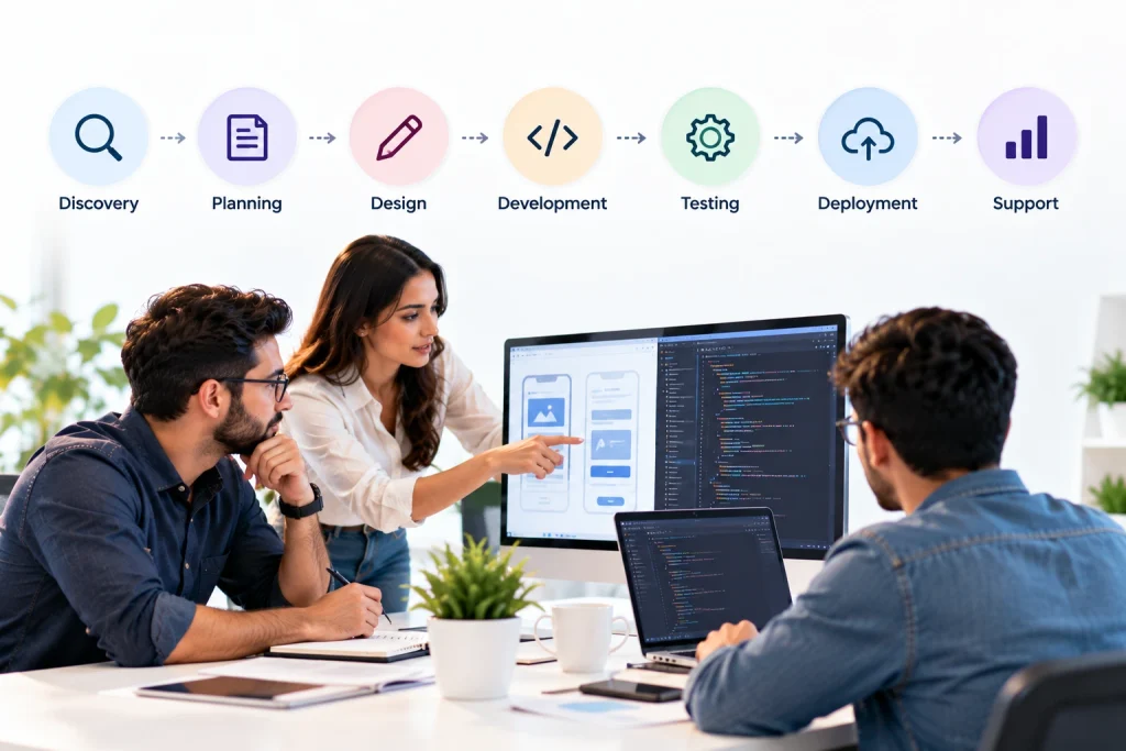 Software development project lifecycle from discovery and planning to design, development, testing, deployment and support Software development project lifecycle from discovery and planning to design, development, testing, deployment and support