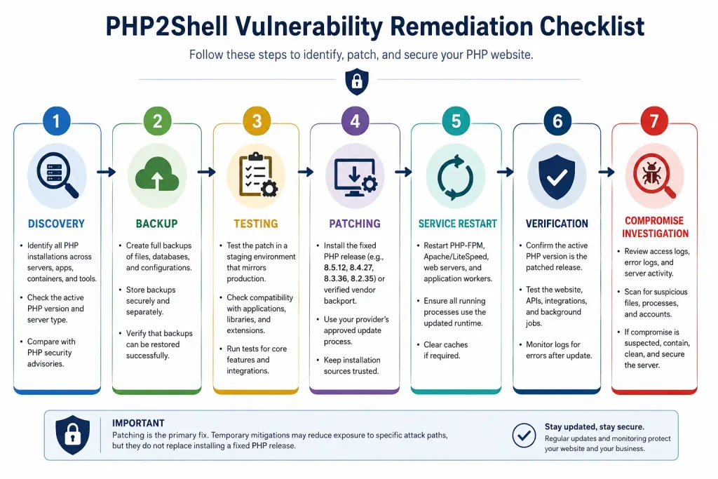 PHP2Shell vulnerability remediation checklist infographic PHP2Shell vulnerability remediation checklist infographic