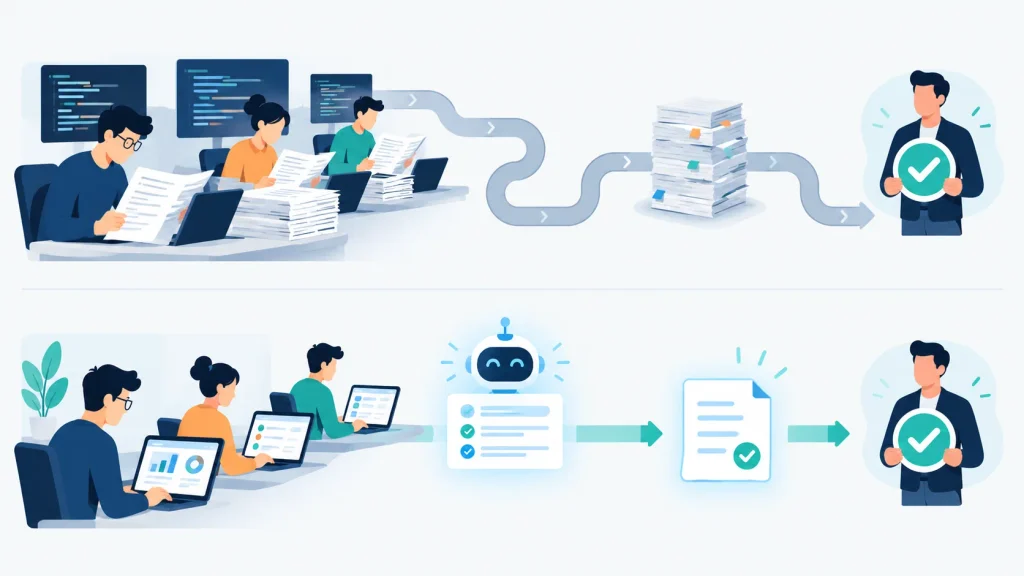 Two parallel workflows comparing manual code review with AI-assisted code review, ending in engineer validation Two parallel workflows comparing manual code review with AI-assisted code review, ending in engineer validation