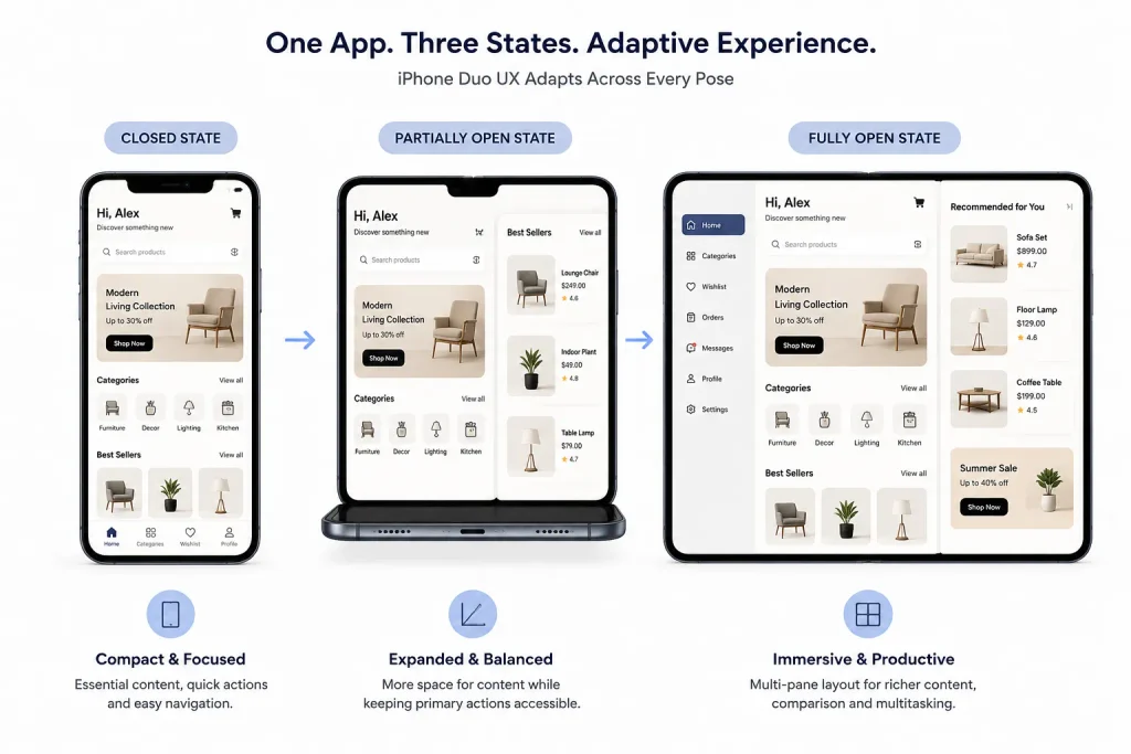 iPhone Duo app adapting across different device states. iPhone Duo app adapting across different device states.
