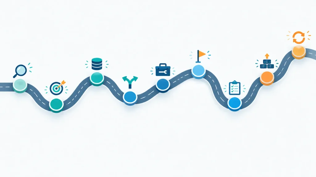 Winding roadmap with nine milestones leading from assessment to ongoing improvement Winding roadmap with nine milestones leading from assessment to ongoing improvement